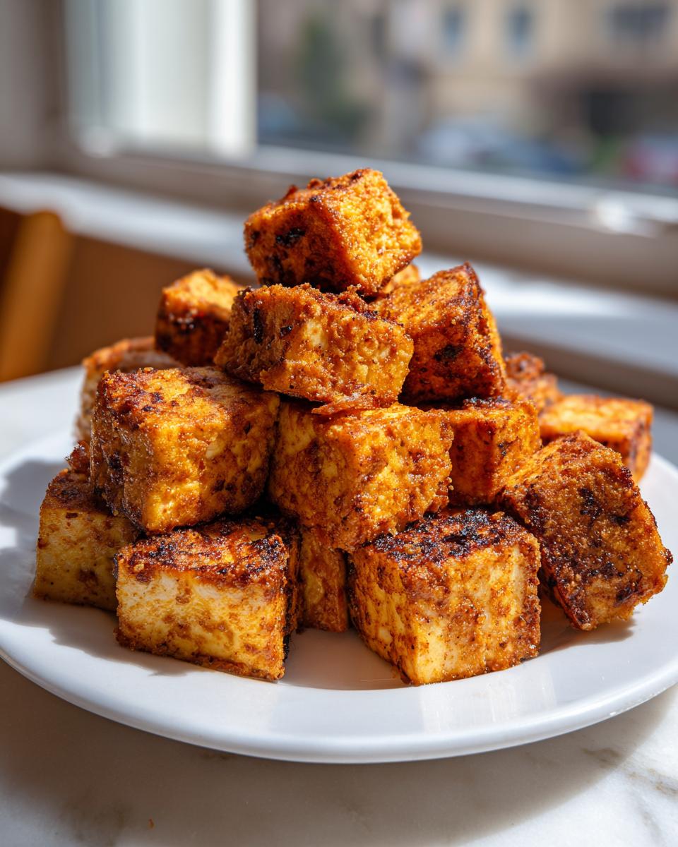 A stack of perfectly seasoned and crispy air fryer tofu cubes piled high on a white plate, ready to eat.