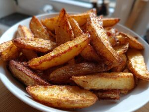 A close-up of perfectly crispy, golden-brown potato wedges seasoned with spices, piled high in a white bowl.