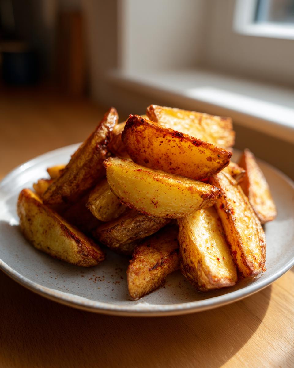 A close-up of golden brown, crispy potato wedges piled high on a speckled plate, catching sunlight.