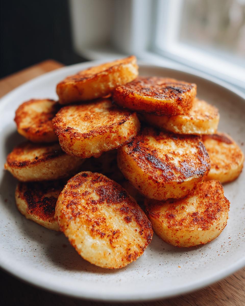 A close-up of golden-brown, pan-fried potato wedges seasoned with spices, stacked on a speckled white plate.
