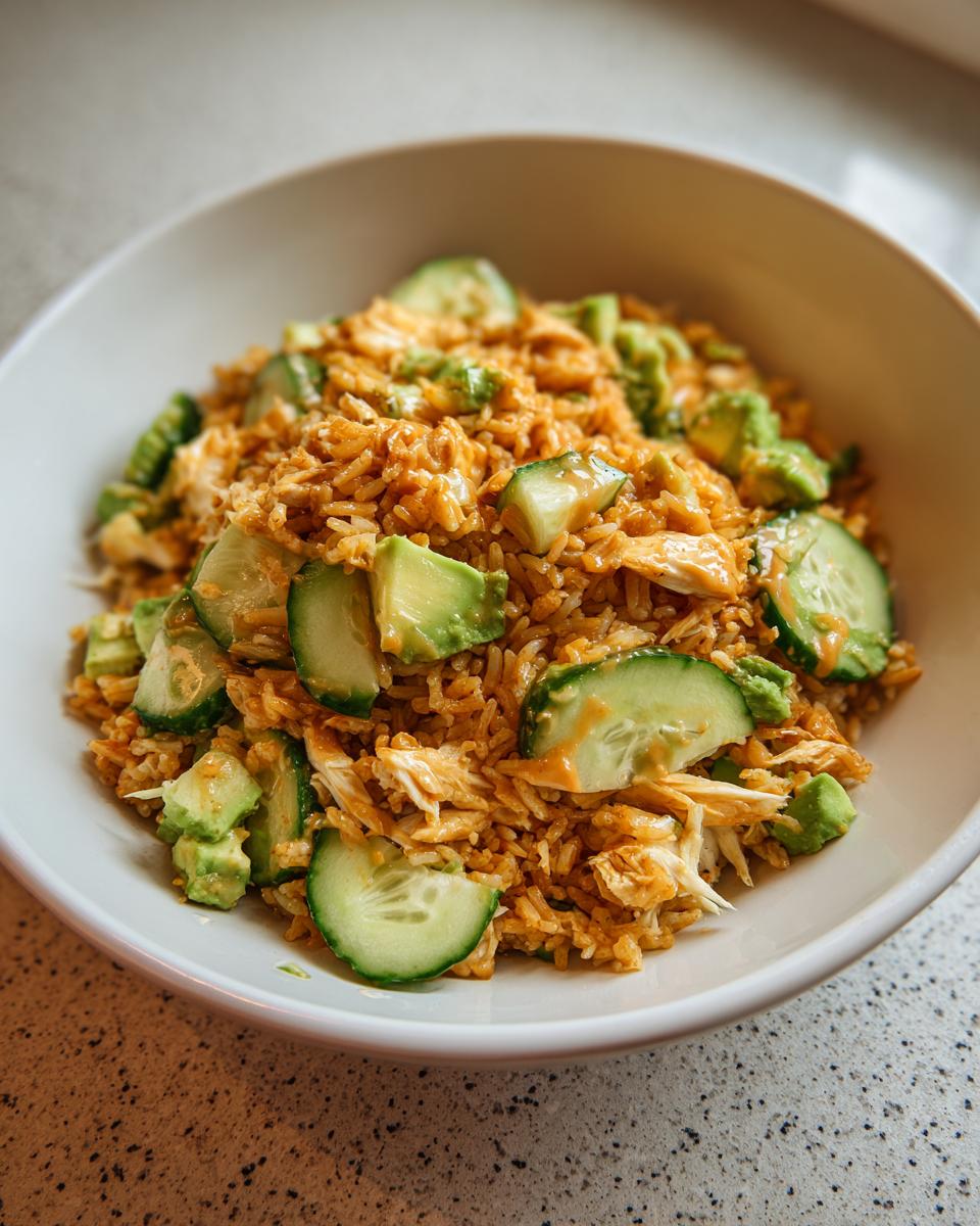 A bowl filled with seasoned, orange-hued crispy rice salad mixed with shredded chicken, topped with fresh avocado chunks and cucumber slices.
