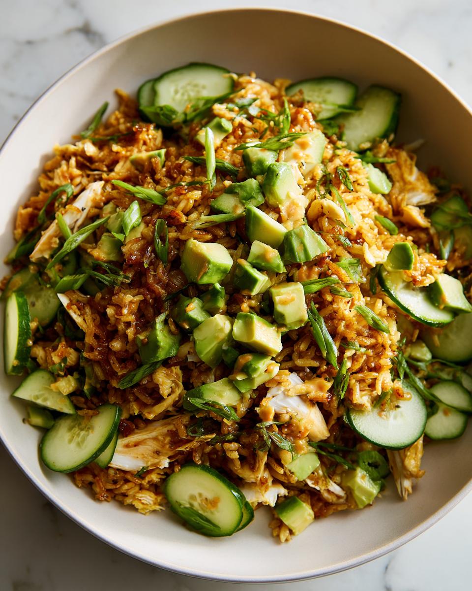 A close-up overhead shot of a bowl filled with crispy rice salad, topped generously with diced avocado, sliced cucumbers, and green onions.
