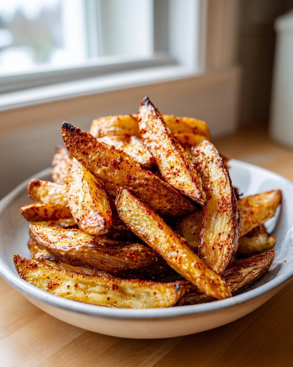 A close-up of a bowl piled high with perfectly crispy, seasoned potato wedges, slightly charred at the edges.