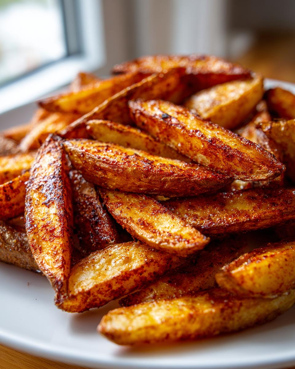 A close-up, appetizing shot of a pile of golden brown, crispy potato wedges seasoned with spices.