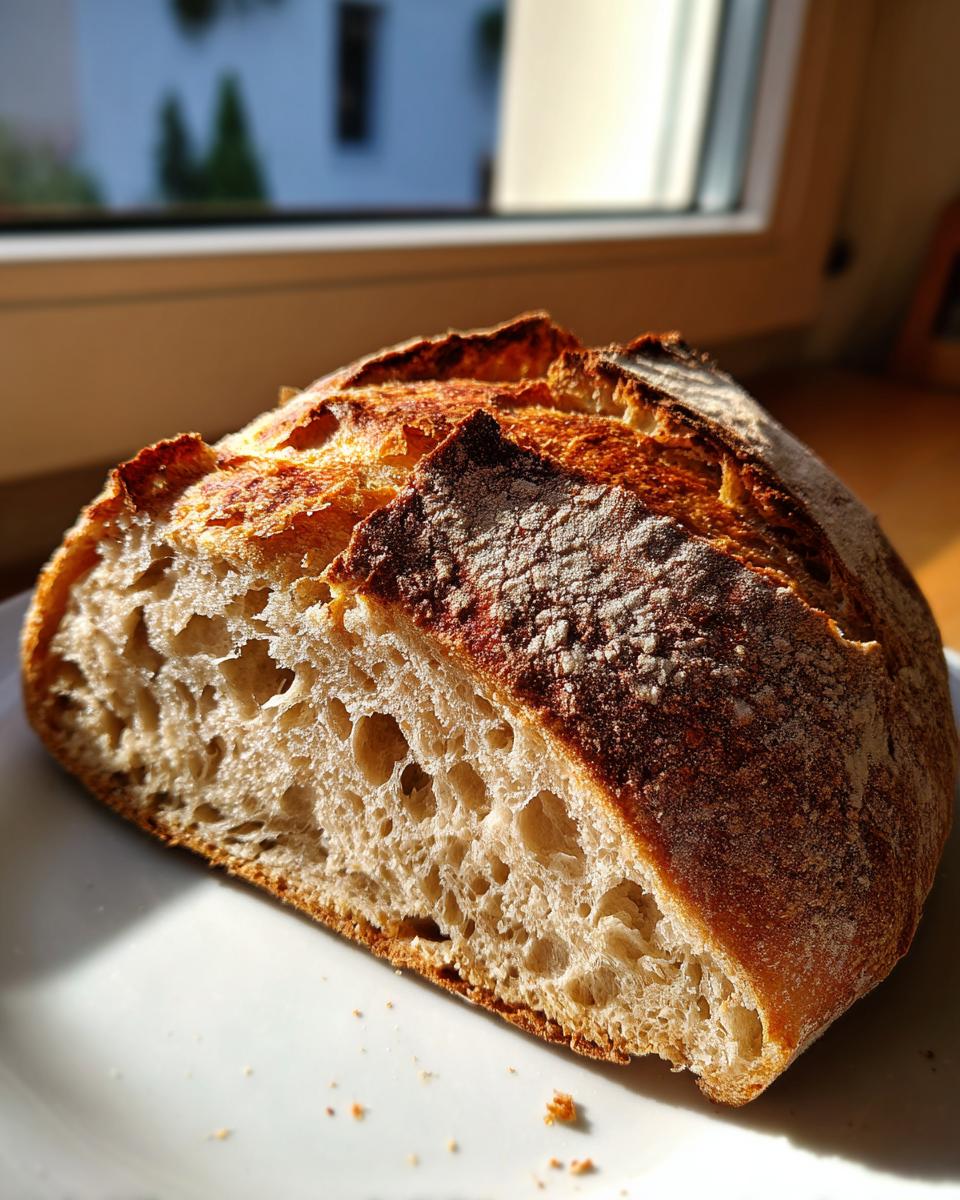 Close-up of a freshly baked loaf of bread, showing a golden, cracked crust and an open, airy crumb structure.