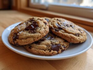 Three freshly baked chocolate chip cookie treats, topped with flaky sea salt, resting on a white plate.