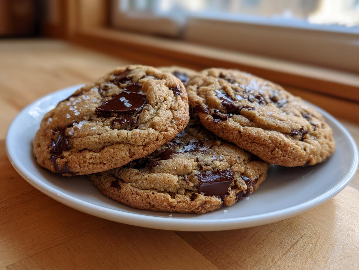 Three freshly baked chocolate chip cookie treats, topped with flaky sea salt, resting on a white plate.