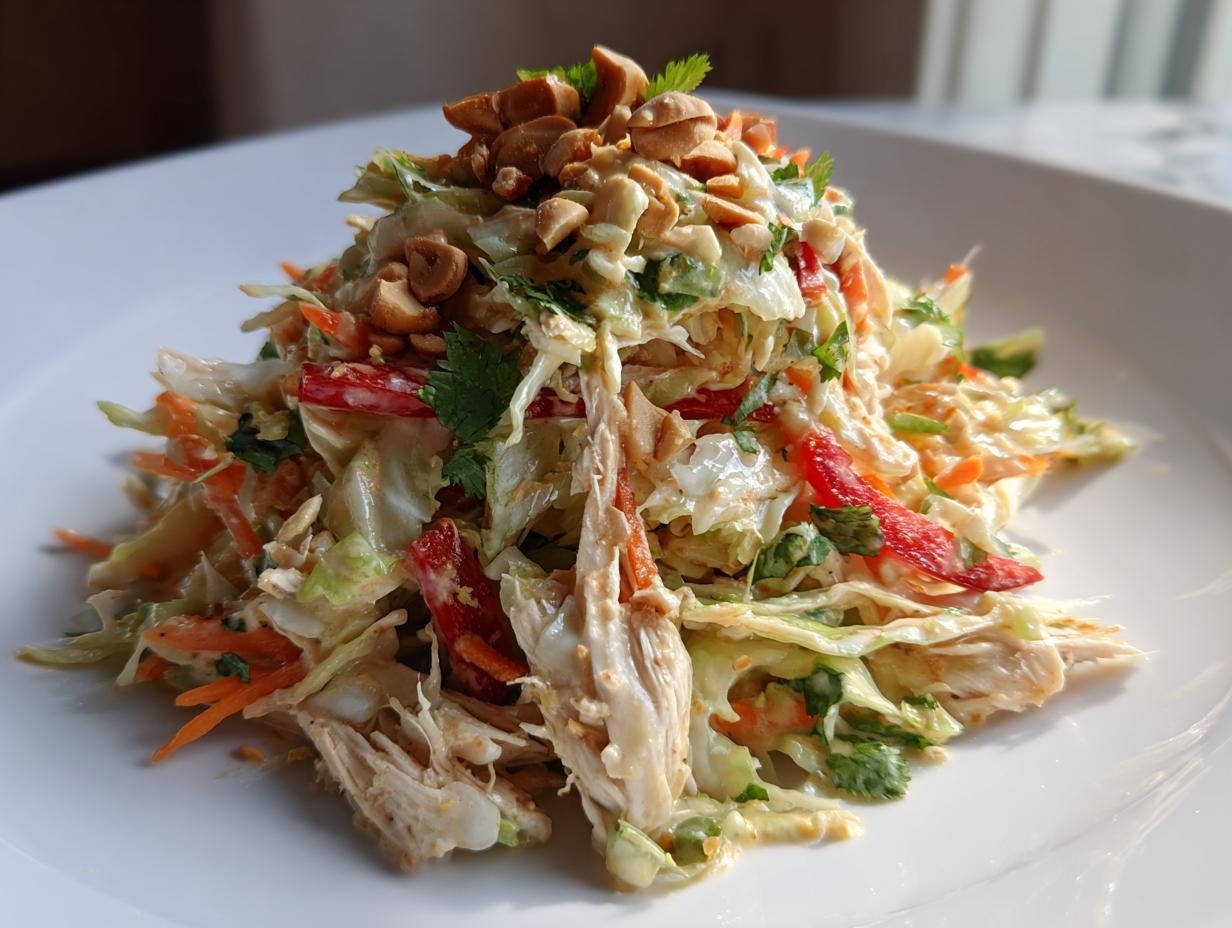 A mound of vibrant thai chicken salad featuring shredded chicken, cabbage, carrots, red pepper, and topped with crushed peanuts.