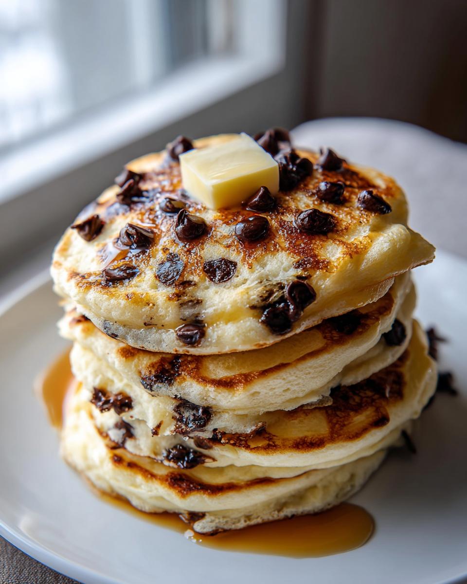 A tall stack of fluffy chocolate chip pancakes topped with a pat of melting butter and drizzled with syrup.