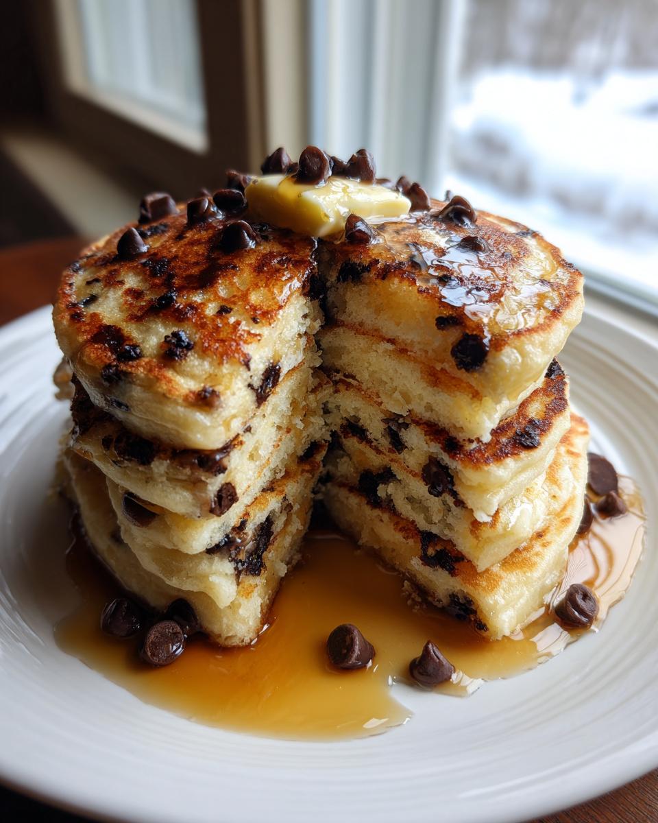 A tall stack of fluffy chocolate chip pancakes, cut open to show the melted chips, topped with butter and syrup.