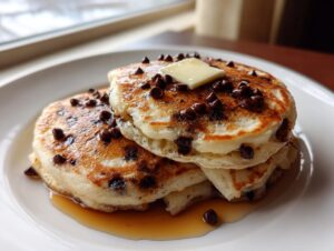 A close-up of a stack of fluffy chocolate chip pancakes topped with melted butter and syrup.