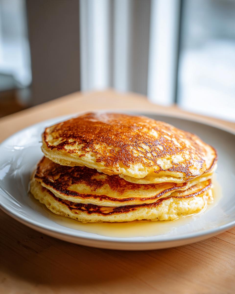 A tall stack of three fluffy oatmeal pancakes drizzled with syrup, sitting on a white plate.