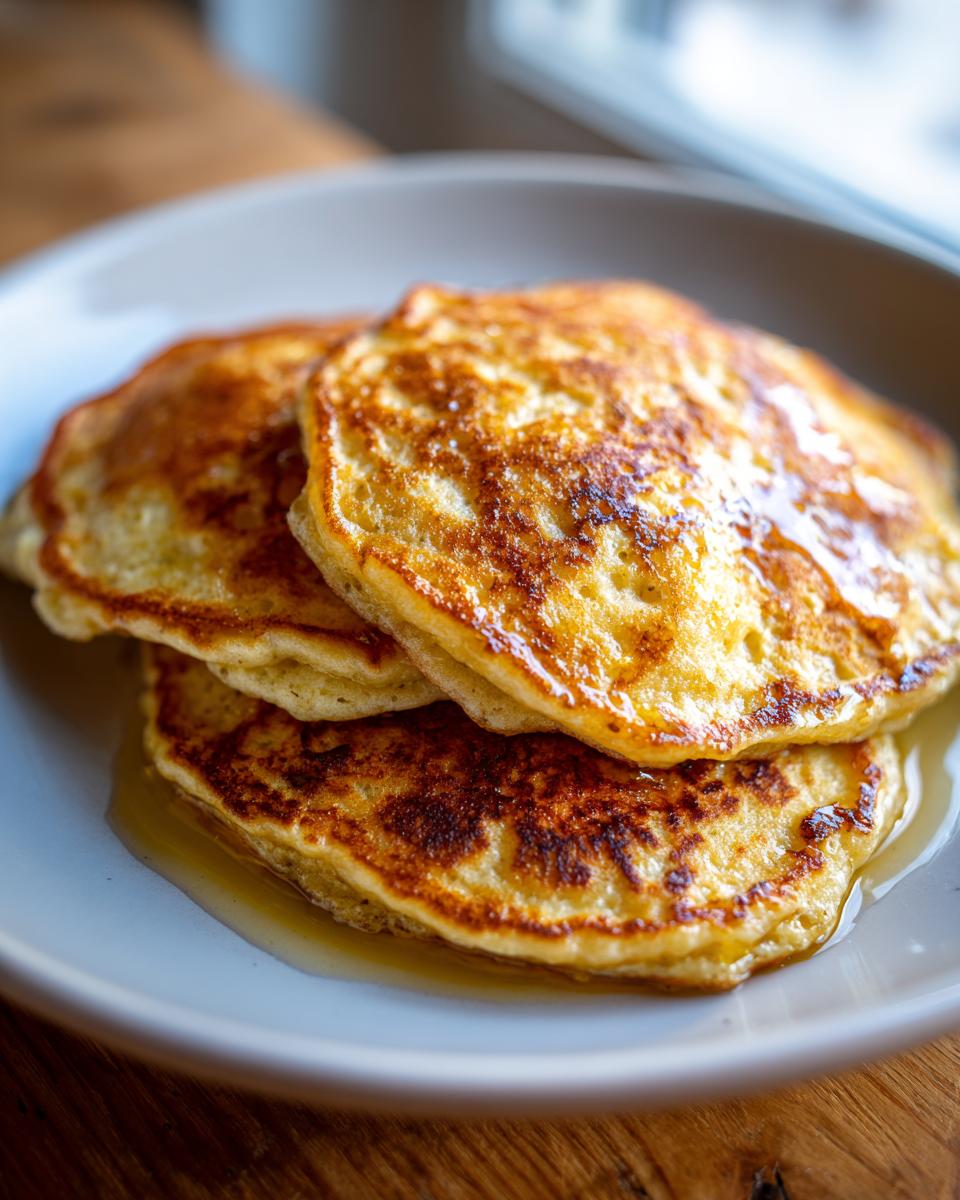 Close-up of a stack of three fluffy oatmeal pancakes drizzled with syrup on a light plate.