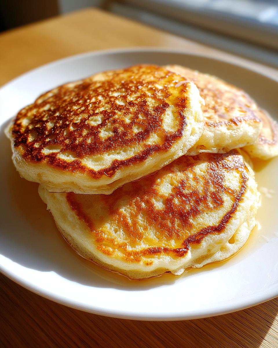 Close-up of three fluffy oatmeal pancakes stacked on a white plate, glistening with syrup.