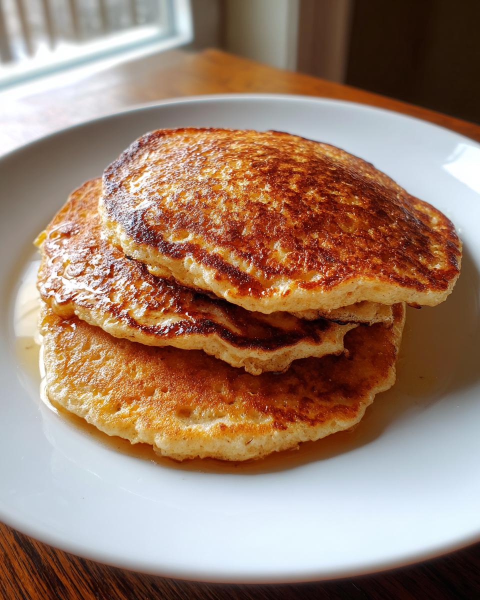 A stack of three golden-brown, fluffy oatmeal pancakes drizzled with syrup on a white plate.