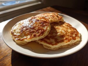 Three golden-brown fluffy oatmeal pancakes drizzled with syrup, served on a white plate near a window.