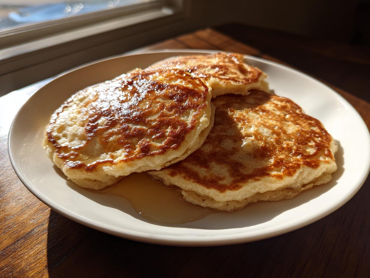 Three golden-brown fluffy oatmeal pancakes drizzled with syrup, served on a white plate near a window.