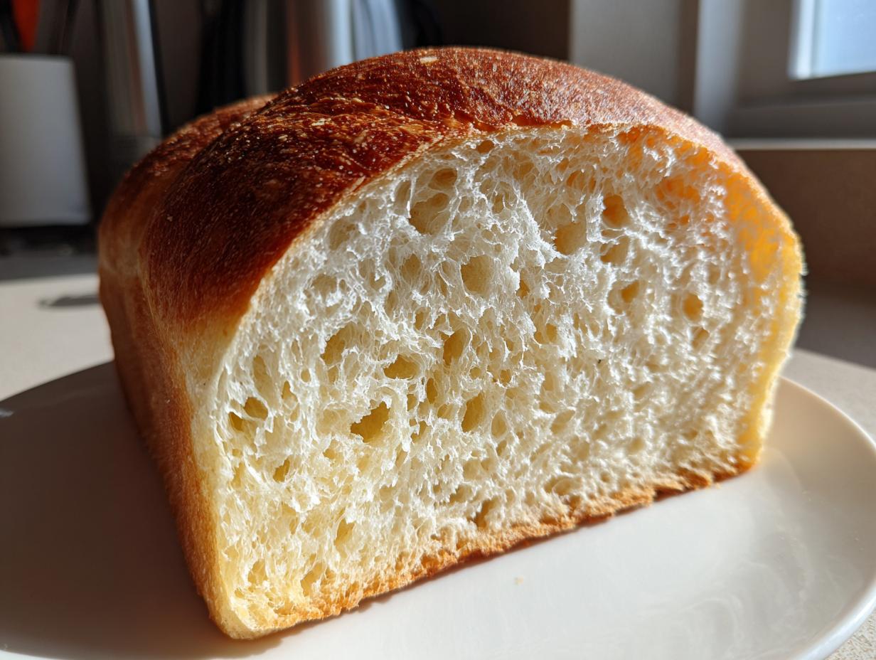 Close-up of a sliced loaf of amazing yeast bread showing its fluffy, open crumb structure and golden crust.