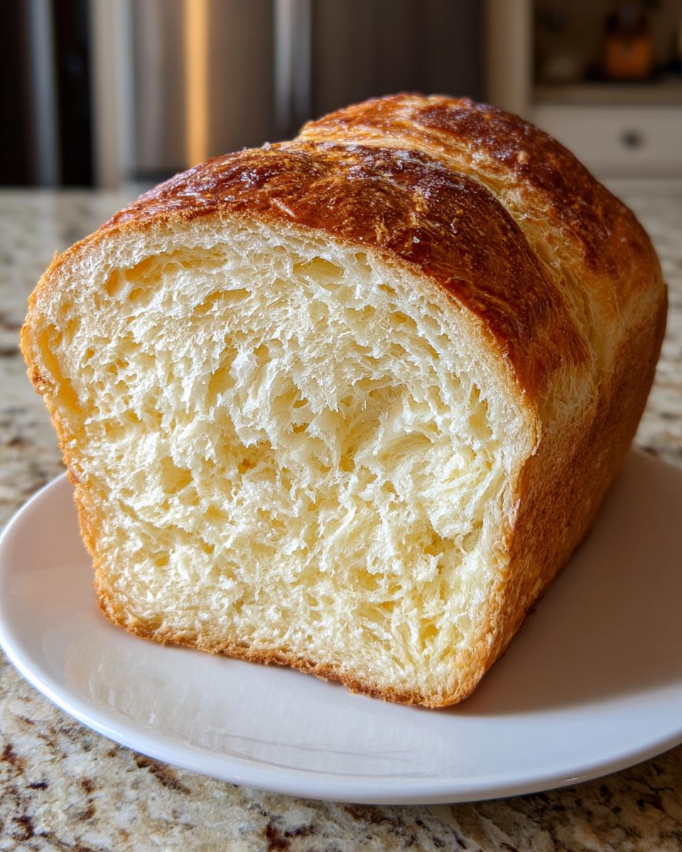 Cross-section of a fluffy, golden-brown yeast bread loaf showing its soft, stringy crumb structure.