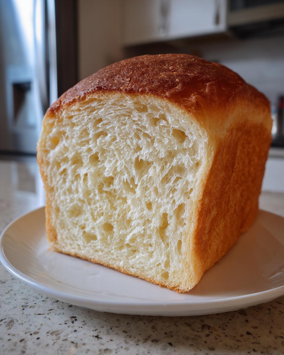 A close-up of a slice of fluffy yeast bread showing its soft, white interior and golden-brown crust.