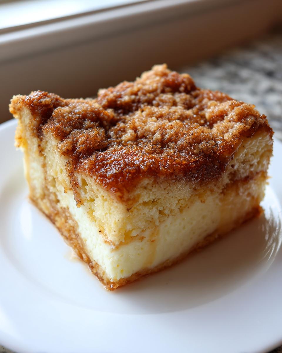 A square slice of rich french toast casserole featuring a thick cream cheese layer and a crunchy cinnamon streusel topping.