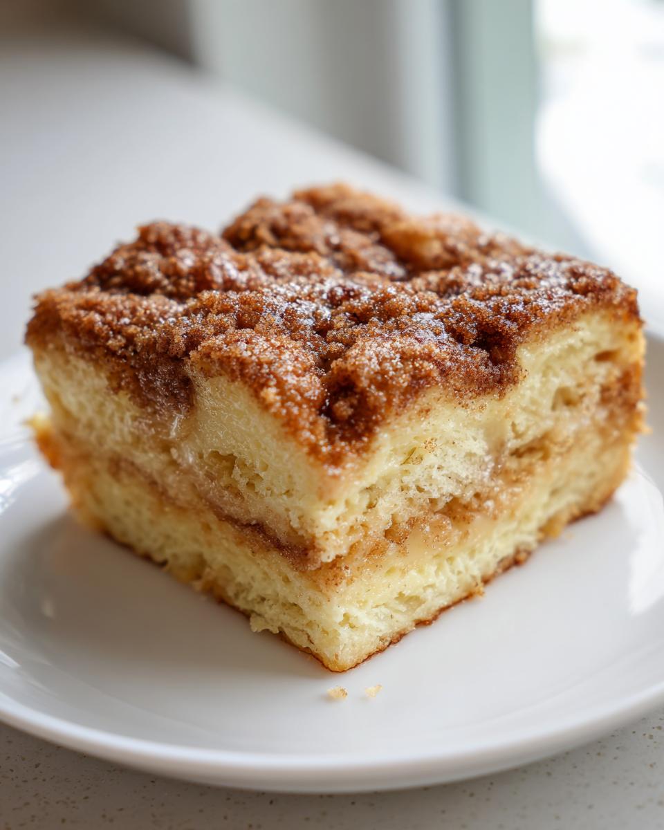 A square slice of baked french toast casserole topped with a thick cinnamon streusel, served on a white plate.