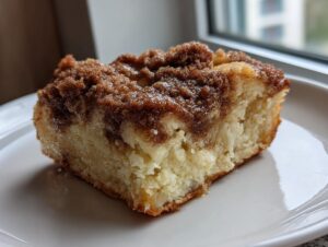 A close-up of a square slice of French toast casserole topped with thick cinnamon streusel, served on a white plate.