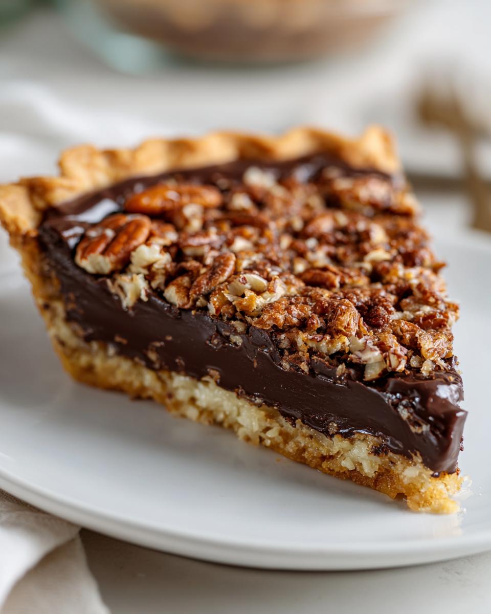 A close-up of a rich slice of german chocolate pie showing the chocolate filling and pecan topping on a white plate.