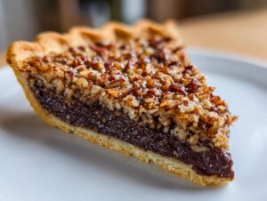 Close-up of a slice of german chocolate pie showing the rich chocolate filling and pecan topping.