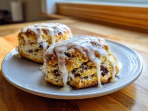 Two fluffy chocolate chip scones generously topped with a thick white glaze, sitting on a light gray plate.