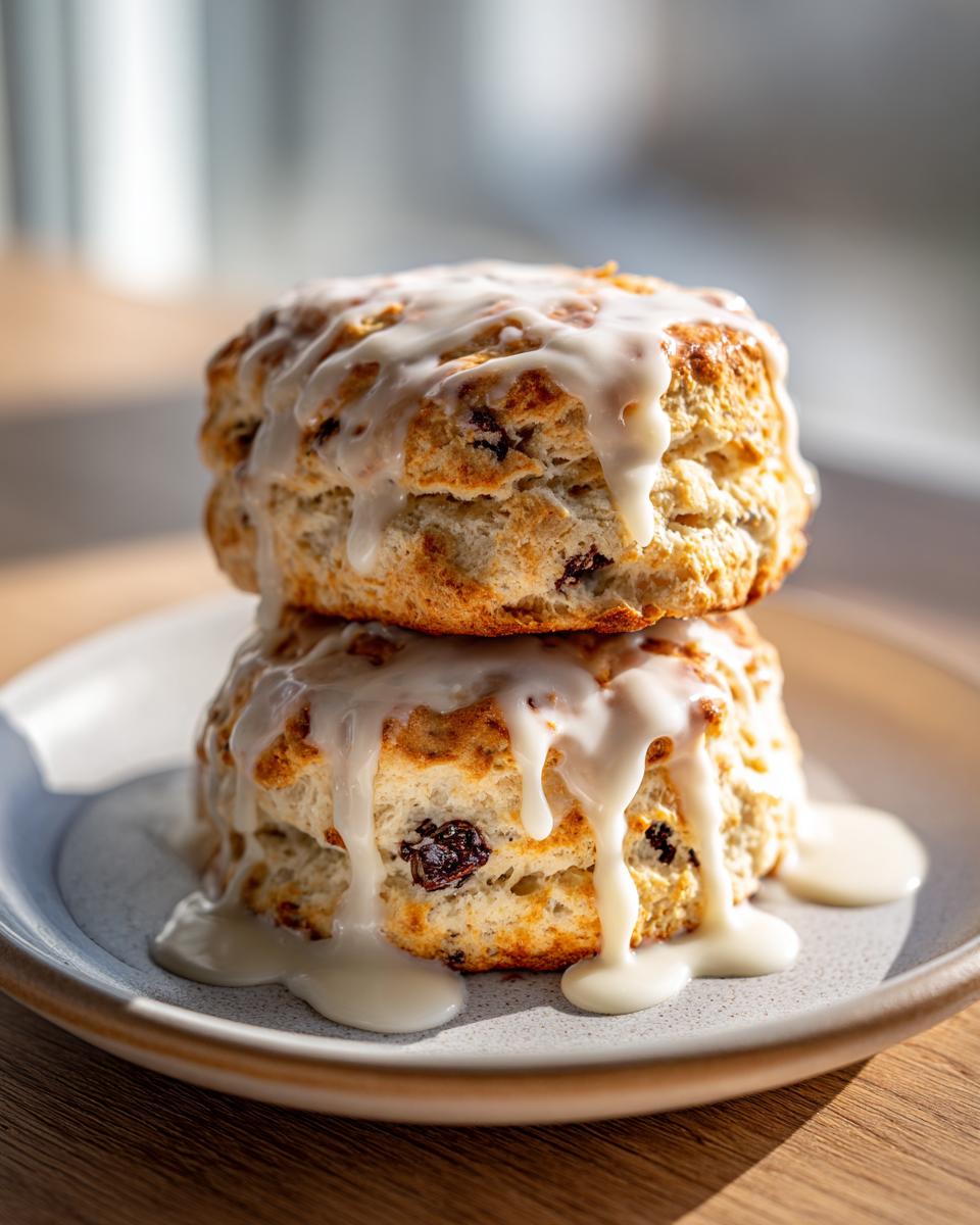 Two stacked, golden-brown chocolate chip scones generously drizzled with thick white glaze.