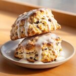Two freshly baked chocolate chip scones stacked and drizzled generously with white vanilla glaze, sitting on a small plate.