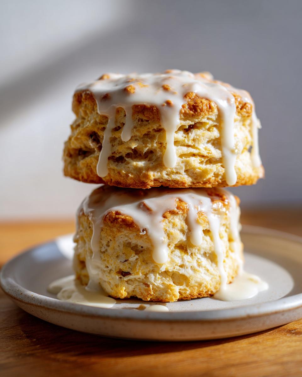 Two flaky chocolate chip scones stacked and drizzled heavily with white vanilla glaze.
