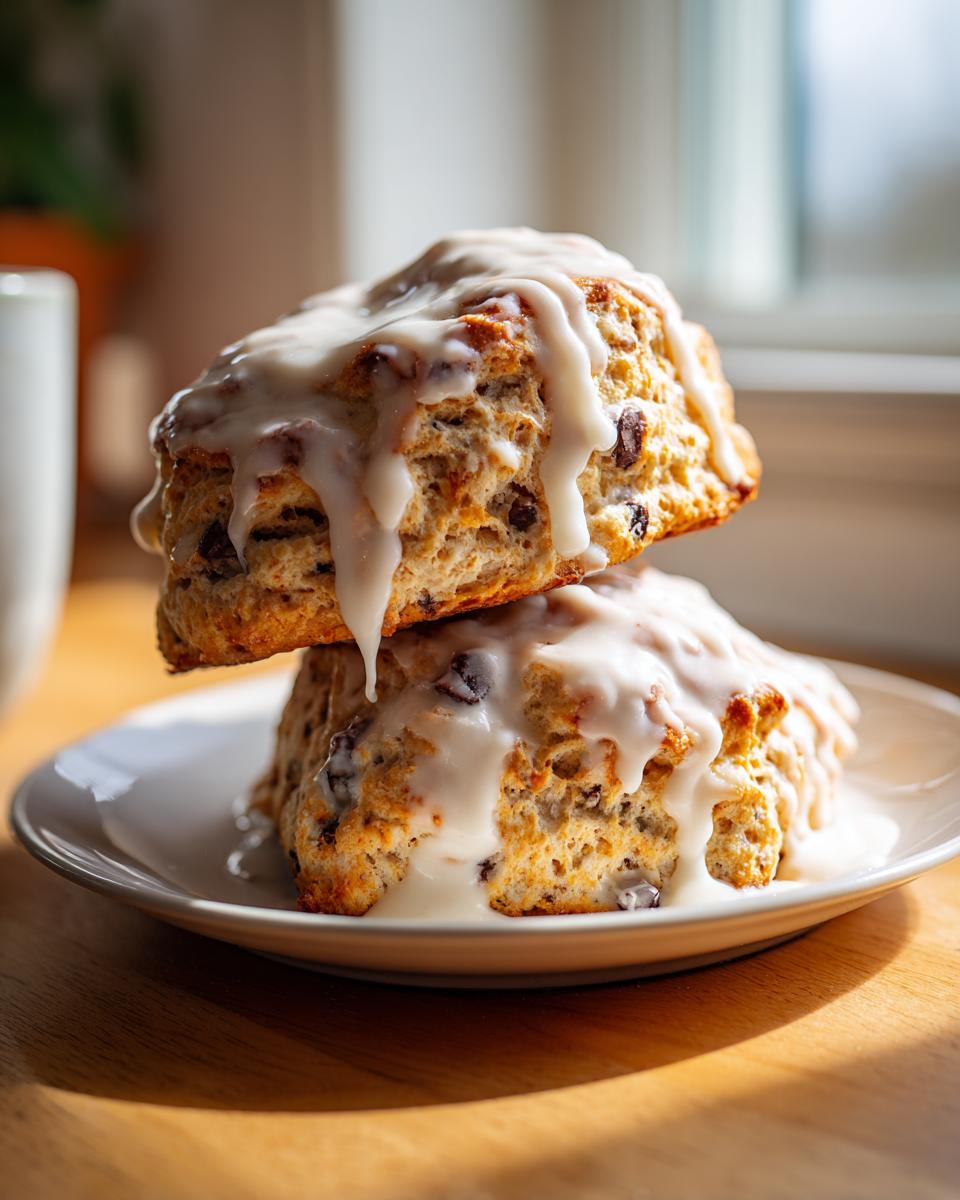 Two freshly baked chocolate chip scones stacked and drizzled generously with white vanilla glaze.