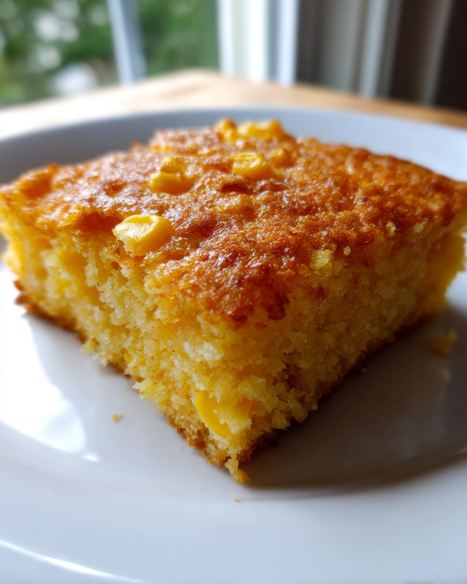 Close-up of a square slice of golden brown jiffy corn casserole with visible corn kernels, served on a white plate.