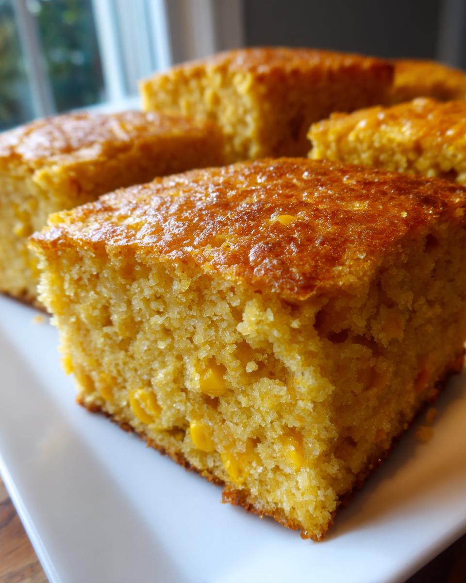 Close-up of a square slice of moist, golden jiffy corn casserole featuring visible corn kernels.