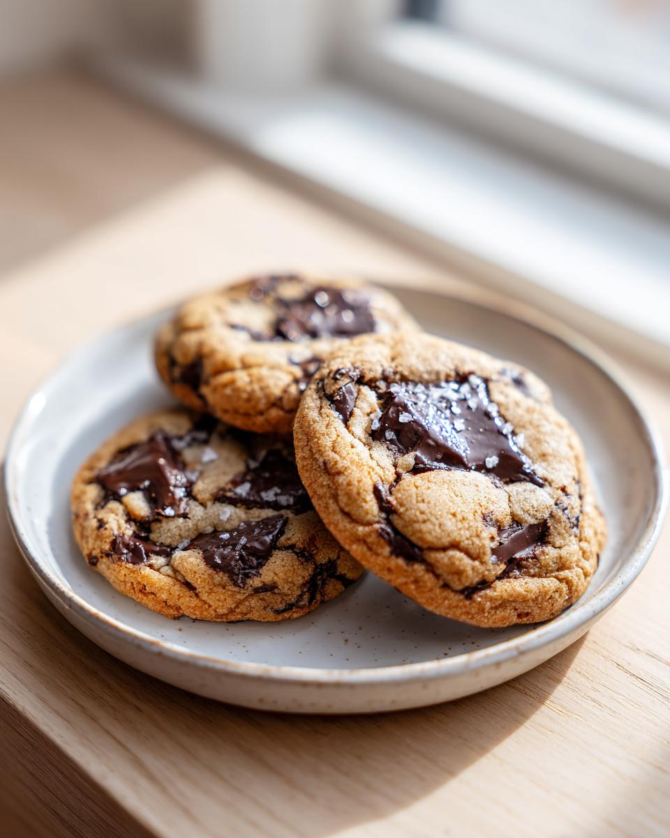 Three freshly baked chocolate chip cookie treats stacked slightly on a small plate, topped with melted chocolate and sea salt.