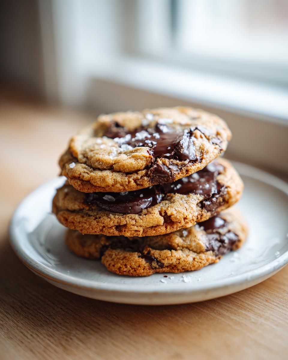 A stack of three thick, gooey chocolate chip cookie rounds sprinkled with sea salt.