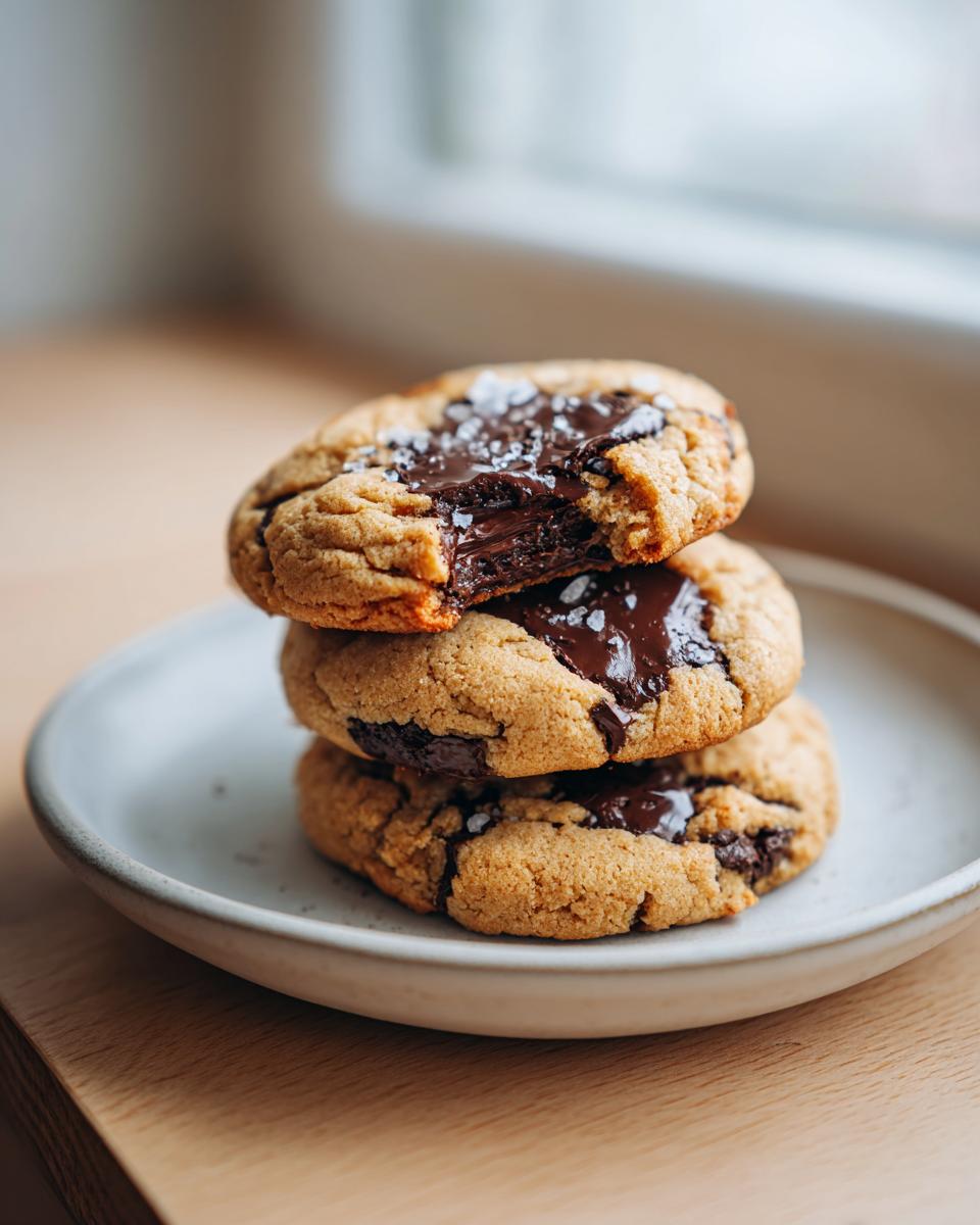 A stack of three soft, thick chocolate chip cookie halves showing melted chocolate centers and sprinkled with sea salt.