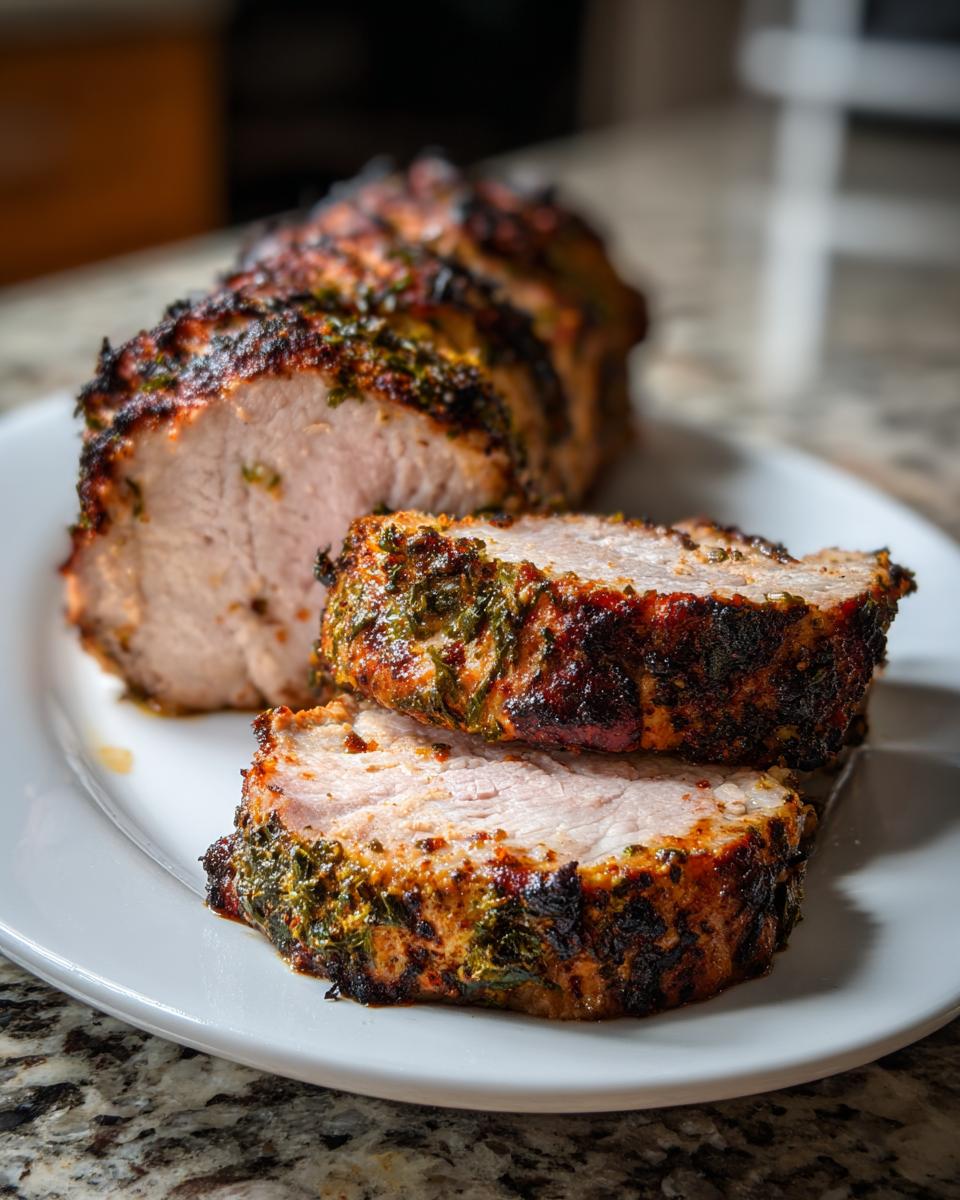 Close-up of sliced, herb-crusted pork tenderloin recipe showing juicy interior and dark sear.