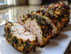 Close-up of a sliced, juicy pork tenderloin recipe coated in a thick, dark green herb crust.