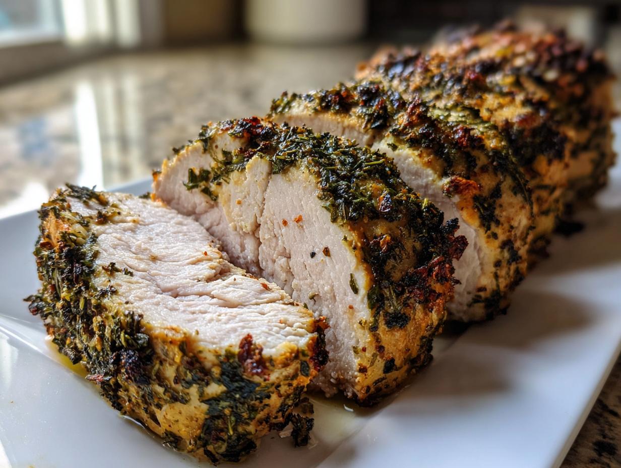 Close-up of a sliced, juicy pork tenderloin recipe coated in a thick, dark green herb crust.