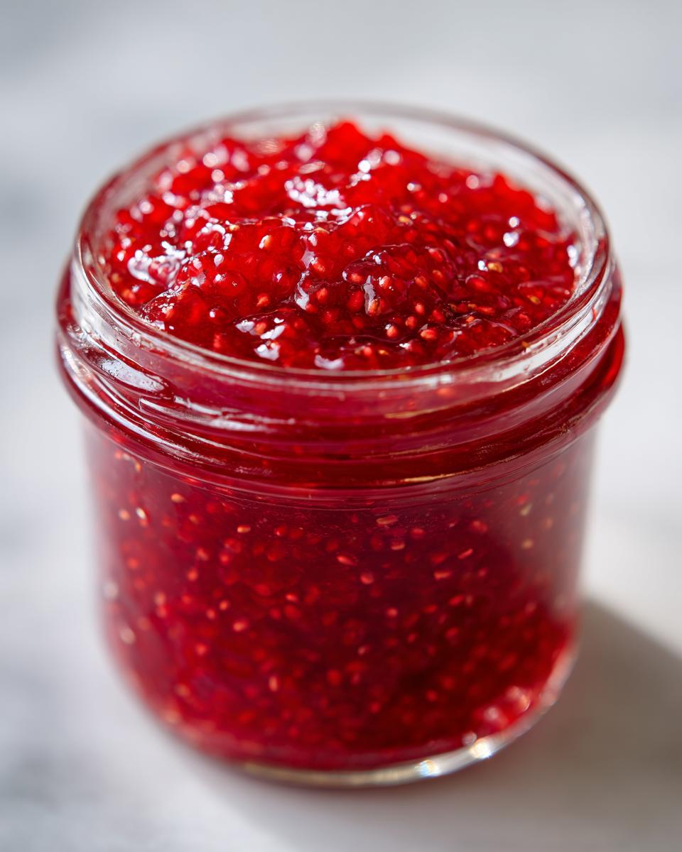Close-up of a glass jar filled with vibrant, chunky strawberry freezer jam, showing visible seeds.
