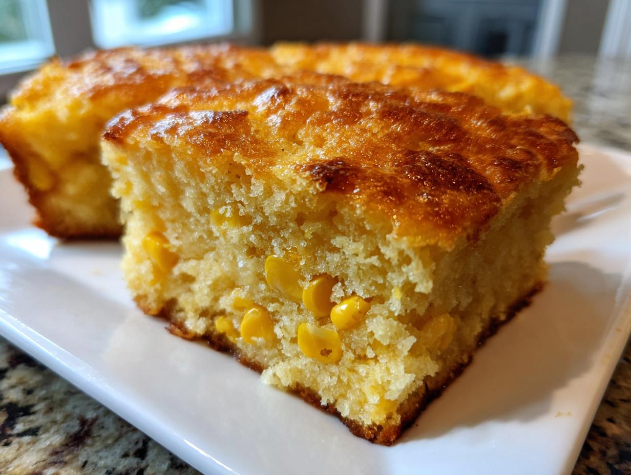 Close-up of a golden-brown slice of jiffy corn casserole showing whole corn kernels baked inside.