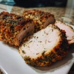 Close-up of sliced, juicy pork tenderloin recipe with a thick, dark herb and spice crust.