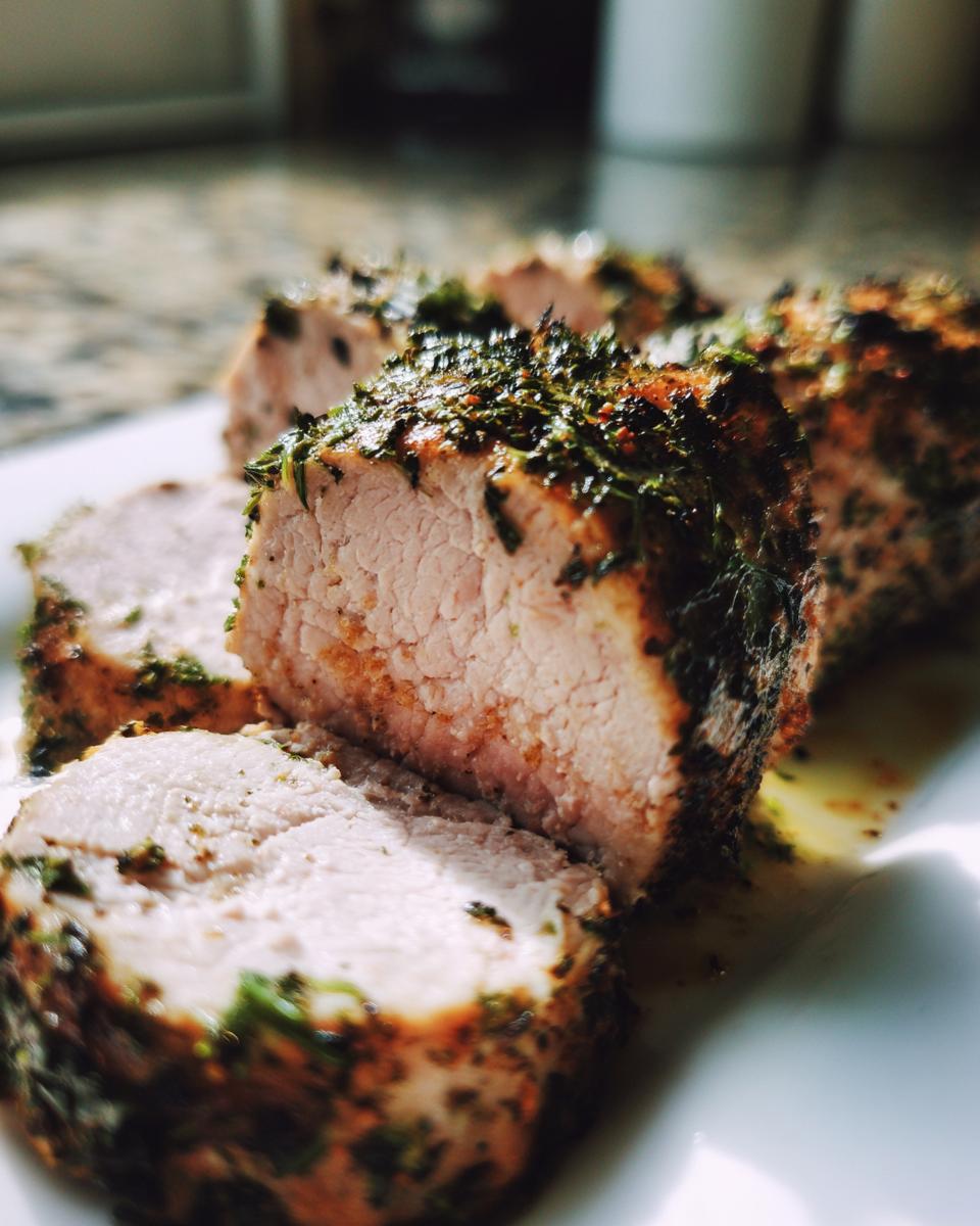 Close-up of perfectly cooked, sliced pork tenderloin recipe with a dark herb crust resting in its juices.