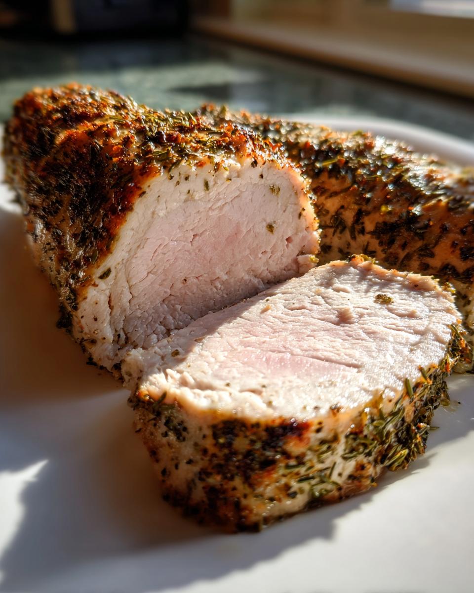 Close-up of a perfectly cooked pork tenderloin recipe, sliced to show its juicy interior and herb crust.