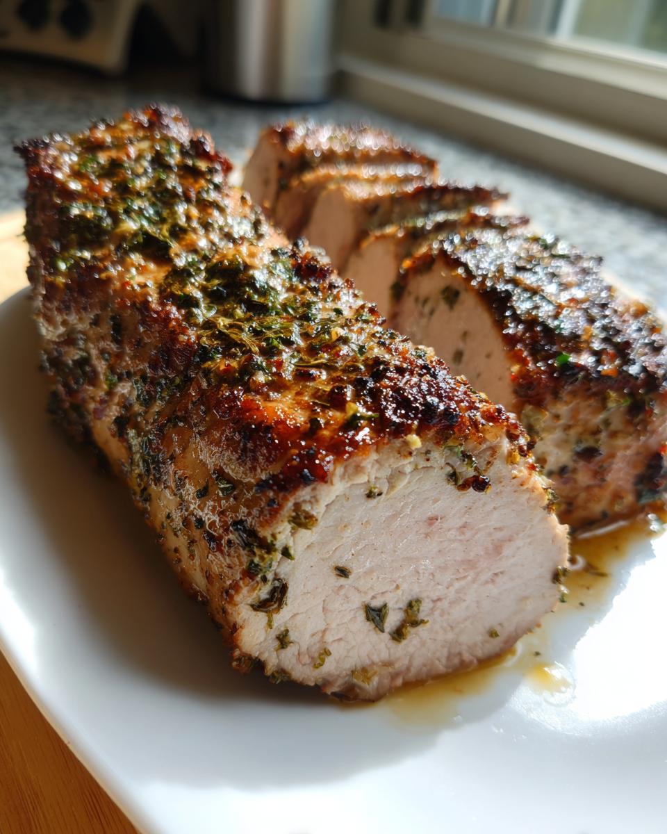Close-up of a perfectly cooked pork tenderloin recipe, sliced to show the juicy interior and herb crust.