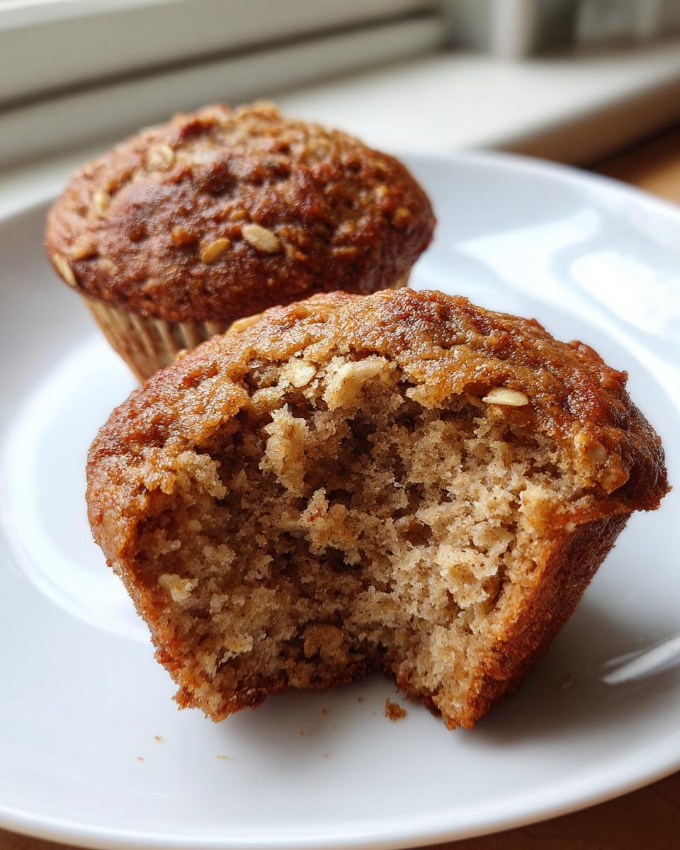 Close-up of a moist banana oatmeal muffin with a bite taken out, showing the soft interior texture.