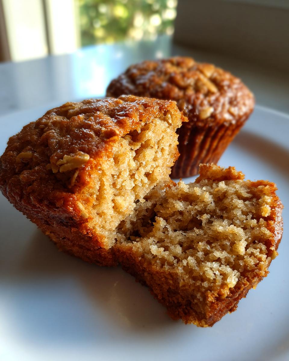 Close-up of a banana oatmeal muffin broken in half showing the moist, textured interior and oats on top.